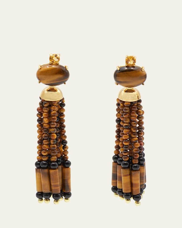 18K Yellow Gold Tassel Drop Earrings with Citrine Quartz, Tigers Eye, and Onyx